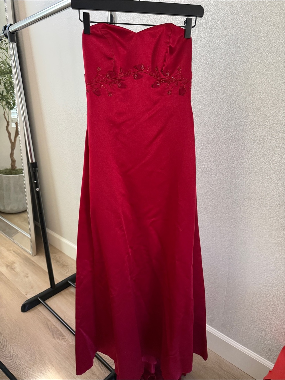 David's Bridal Strapless Red Evening Gown with Embroidered Waist